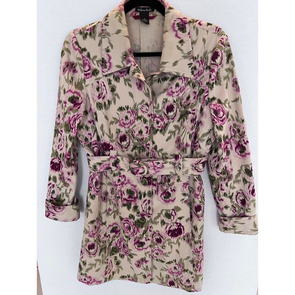 Floral Print Belted Midi Trench Coat Size 10 Multicolor Romantic Victorian‎
